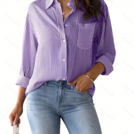 Women's Loose Striped Blouse, Crew Neck Long Sleeve Blouse, Casual Every Day Blouse, Women's Clothing