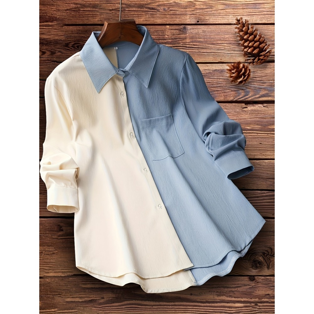 Colorblock Polo Collar Button Shirt, Casual Long Sleeve Shirt For Spring & Fall, Women's Clothing