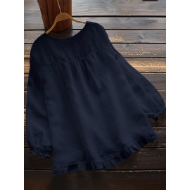 Ruffle Hem Solid Blouse, Casual Crew Neck Long Sleeve Blouse, Women's Clothing