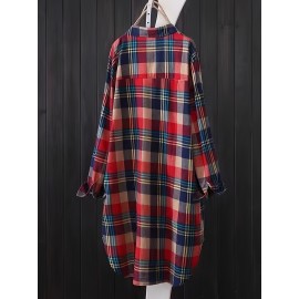 Plaid Print Button Front Shirt, Thigh Length Long Sleeve Shirt For Spring & Fall, Women's Clothing