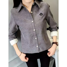 Button Front Embroidered Shirt, Casual Long Sleeve Shirt For Fall & Winter, Women's Clothing