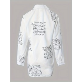 Letter Print Shirt, Casual Button Front Long Sleeve Shirt, Women's Clothing