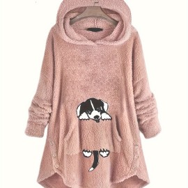 Cat Pattern Print Asymmetrical Loose Hoodie, Casual Printed Long Sleeve Hoodie, Women's Clothing