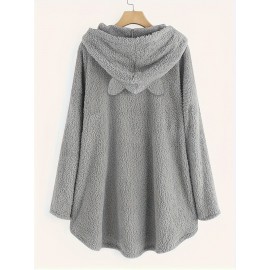 Fuzzy Cat Ear Hoodie, Loose Oversized Front Pocket Hooded Sweater, Loungewear & Casual Tops For Winter, Women's Clothing