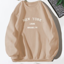 New York Brooklyn Print Loose Sweatshirt, Casual Long Sleeve Crew Neck Sweatshirt, Women's Clothing