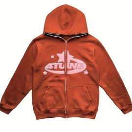 Y2K Letter & Star Print Sweatshirt, Long Sleeve Crew Neck Zip Up Hoodies Sweatshirts, Women's Clothing