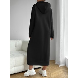 Solid Drawstring Hooded Dress, Casual Long Sleeve Loose Dress, Women's Clothing