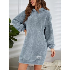 Hooded Teddy Dress, Casual Long Sleeve Simple Warm Dress, Women's Clothing