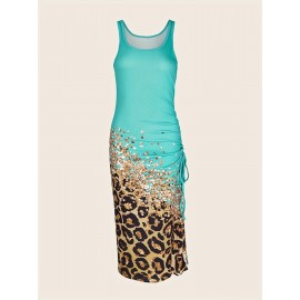 Leopard Print Drawstring Dress, Sexy Crew Neck Sleeveless Maxi Dress, Women's Clothing