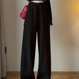 Solid Elastic High Waist Sweatpants, Casual Sporty Wide Leg Pants With Pocket, Women's Clothing