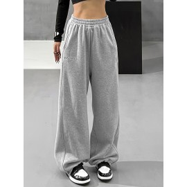 Slant Pockets Wide Leg Pants, Casual Letter Print Loose Elastic High Waist Pants For Fall, Women's Clothing