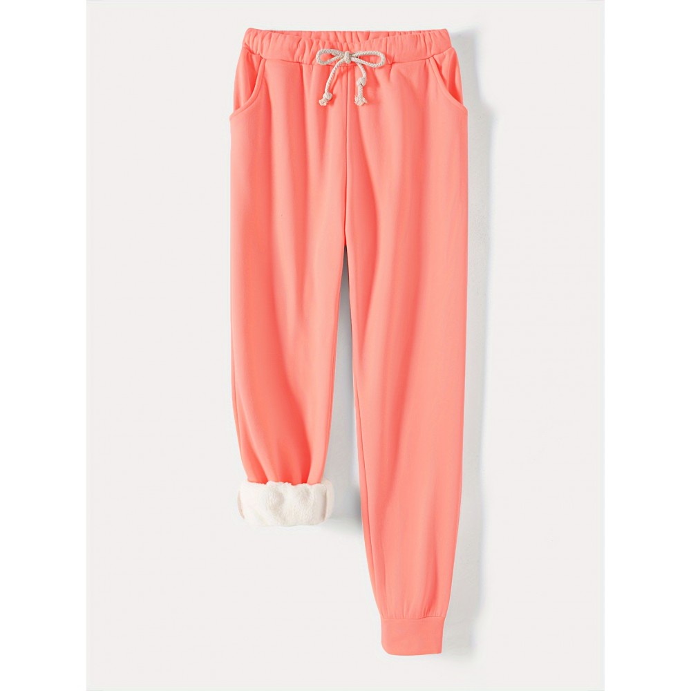 Solid Drawstring Thermal Sweatpants, Versatile Loose Comfy Jogger Pants, Women's Clothing