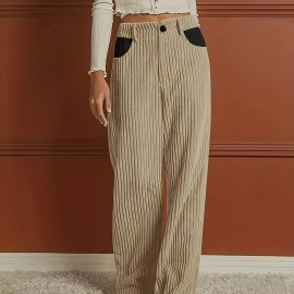 Ribbed Button Front Wide Leg Pants, Casual High Waist Pants, Women's Clothing