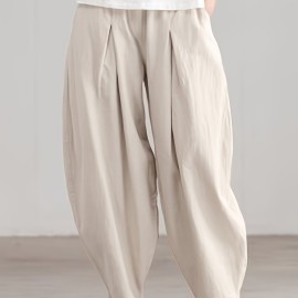 Elastic High Waist Pants, Casual Solid Pants For Spring & Summer, Women's Clothing