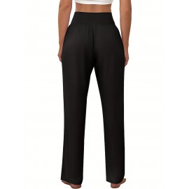 Solid High Waist Pants 3 Pack, Casual Comfy Straight Leg Pants, Women's Clothing